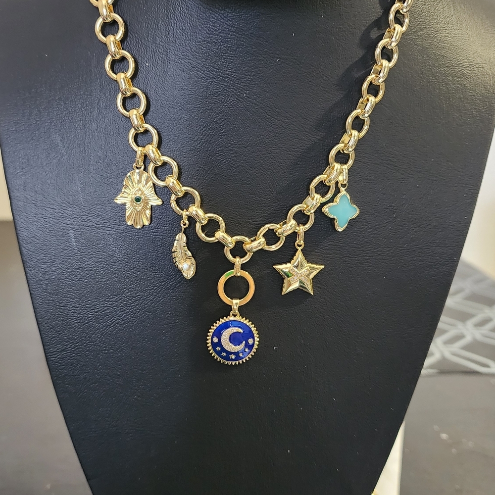 Gold Charm Necklace with Blue Moon and Turquoise Accents - Women Jewelry
